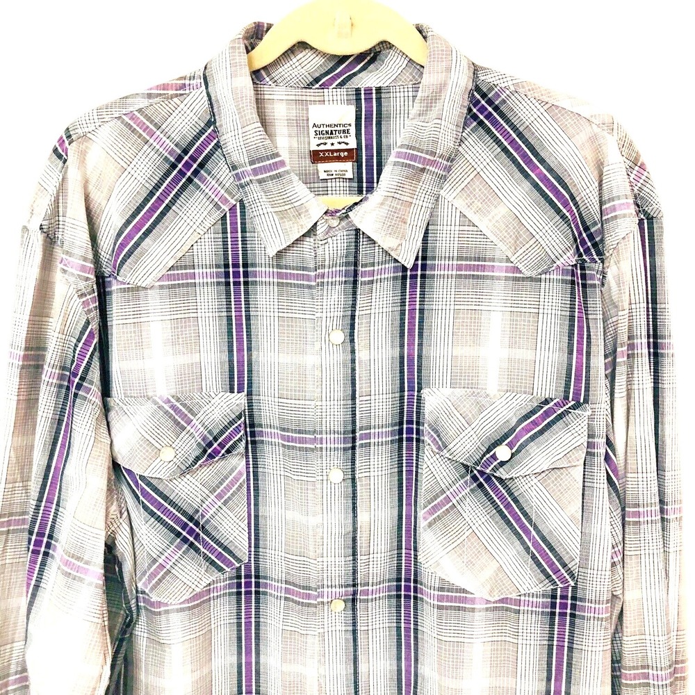 Levi Strauss Mens Western Shirt Purple Plaid Pearl Snaps XXL 2X Ranch Work